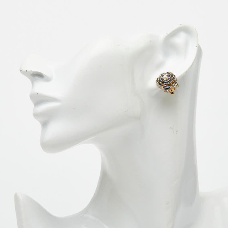 Chanel Camellia CC Logo Earrings Black Gold Plated Enamel Faux Pearl — view 5