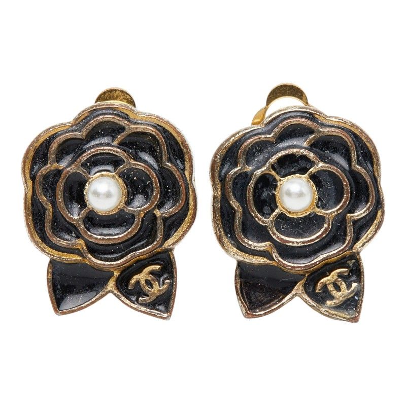 Chanel Camellia CC Logo Earrings Black Gold Plated Enamel Faux Pearl — view 2