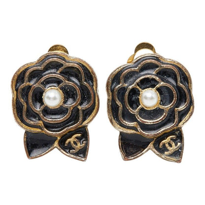 Chanel Camellia CC Logo Earrings Black Gold Plated Enamel Faux Pearl — view 2