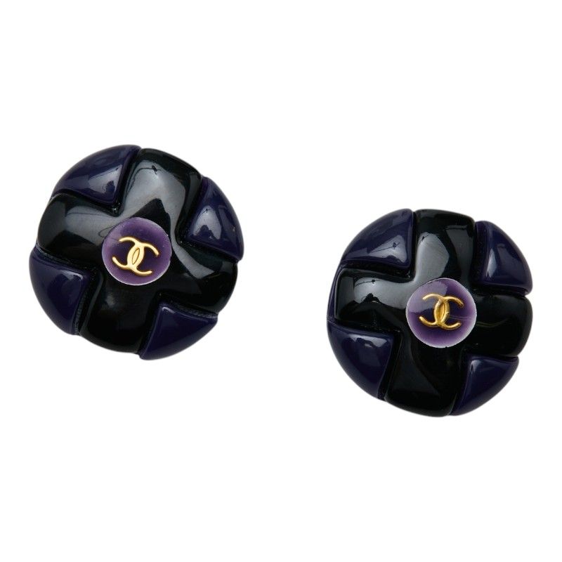 Chanel Vintage CC Logo Earrings Black Gold Navy Plated Plastic