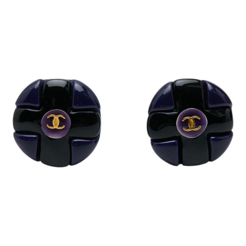 Chanel Vintage CC Logo Earrings Black Gold Navy Plated Plastic — view 2