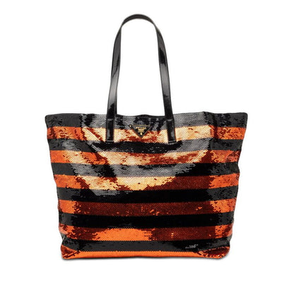 Prada Triangle Logo Tote Black Orange Sequins Enamel