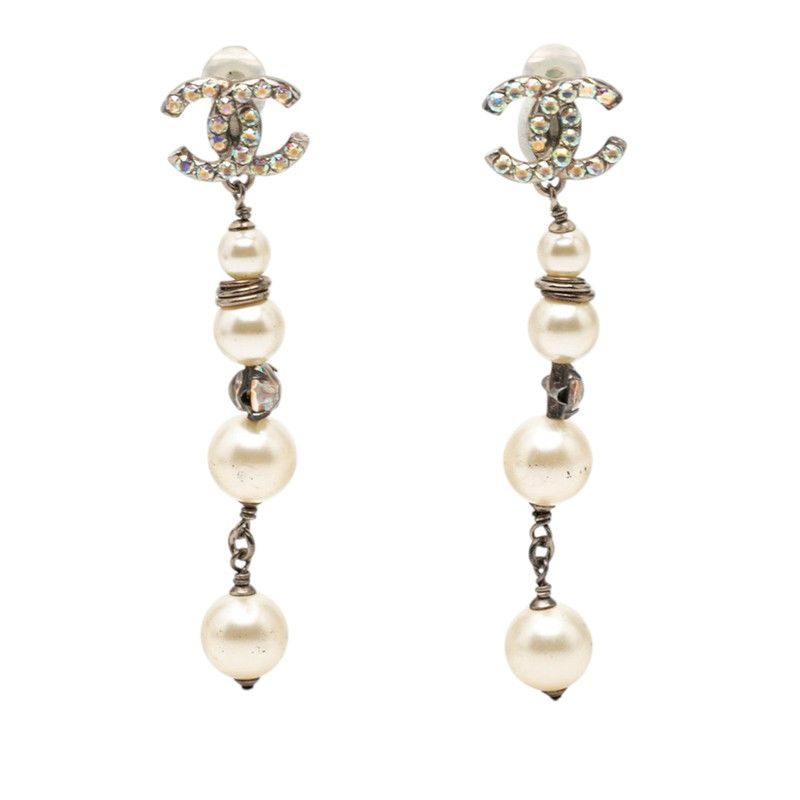 Chanel CC Logo Quadruple Strand Pearl Earrings 17 Silver Metal Faux Rhinestone