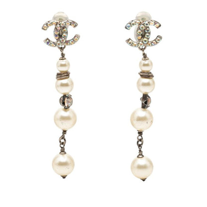 Chanel CC Logo Quadruple Strand Pearl Earrings 17 Silver Metal Faux Rhinestone