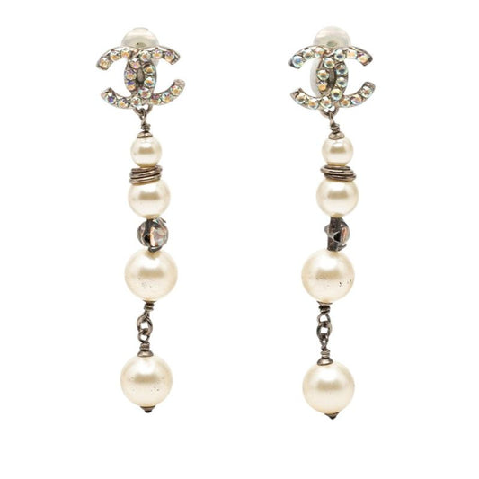 Chanel CC Logo Quadruple Strand Pearl Earrings 17 Silver Metal Faux Rhinestone