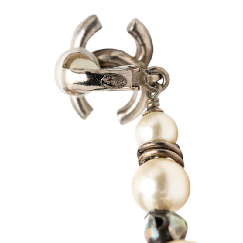 Chanel CC Logo Quadruple Strand Pearl Earrings 17 Silver Metal Faux Rhinestone — view 3