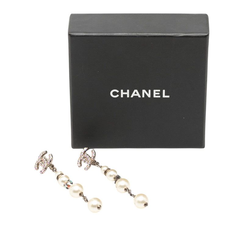 Chanel CC Logo Quadruple Strand Pearl Earrings 17 Silver Metal Faux Rhinestone — view 4