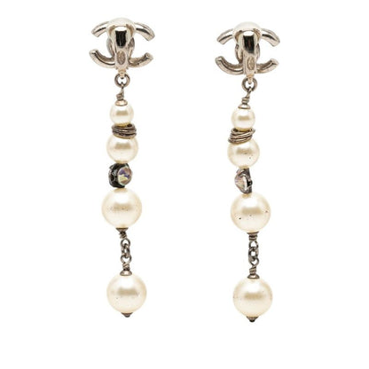 Chanel CC Logo Quadruple Strand Pearl Earrings 17 Silver Metal Faux Rhinestone — view 2