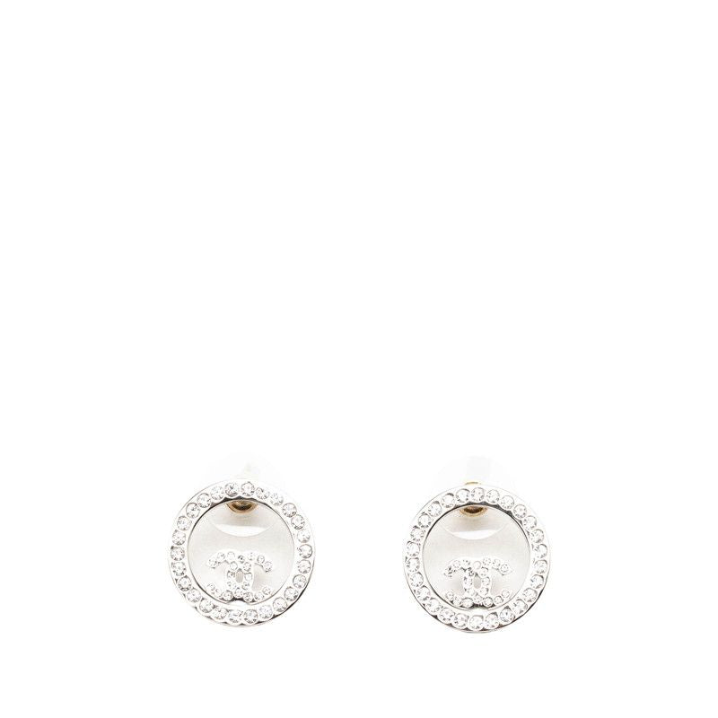 Chanel CC Logo Round Stud Earrings Silver Metal Rhinestone