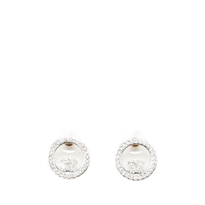 Chanel CC Logo Round Stud Earrings Silver Metal Rhinestone