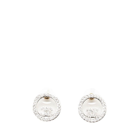 Chanel CC Logo Round Stud Earrings Silver Metal Rhinestone