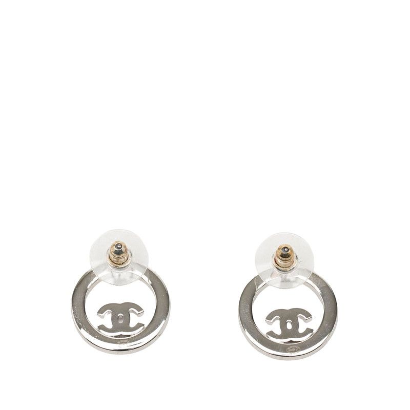 Chanel CC Logo Round Stud Earrings Silver Metal Rhinestone — view 2