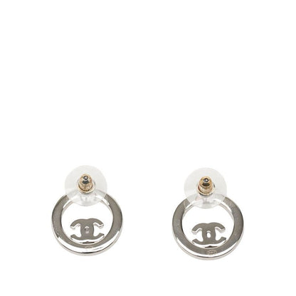 Chanel CC Logo Round Stud Earrings Silver Metal Rhinestone — view 2