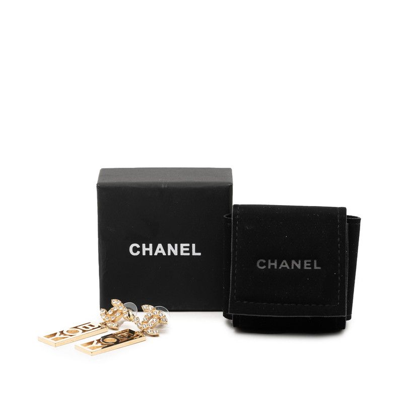 Chanel CC Logo Boy Stud Swing Earrings Gold Plated Rhinestone — view 4