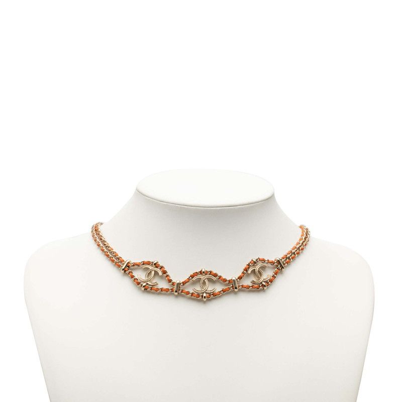 Chanel CC Logo Chain Necklace Gold Orange Leather Plated