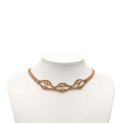 Chanel CC Logo Chain Necklace Gold Orange Leather Plated