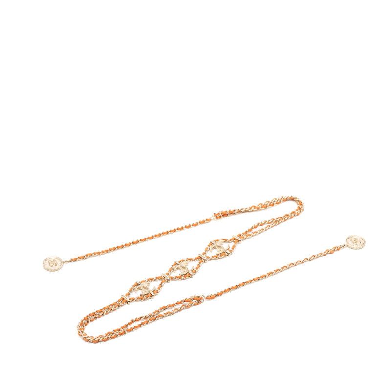 Chanel CC Logo Chain Necklace Gold Orange Leather Plated — view 2