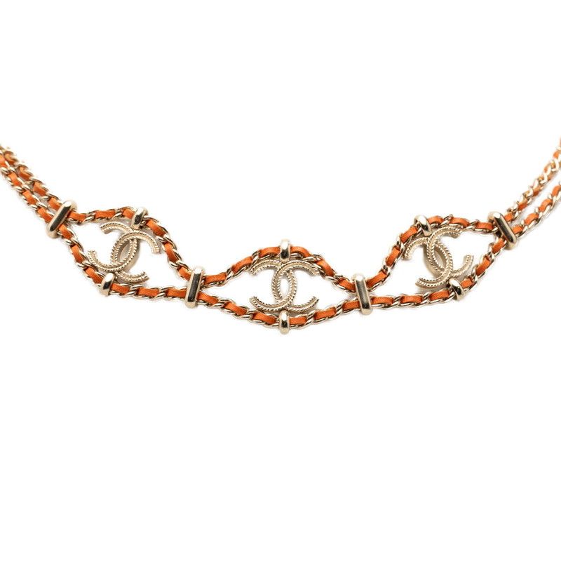 Chanel CC Logo Chain Necklace Gold Orange Leather Plated — view 3