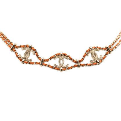 Chanel CC Logo Chain Necklace Gold Orange Leather Plated — view 3