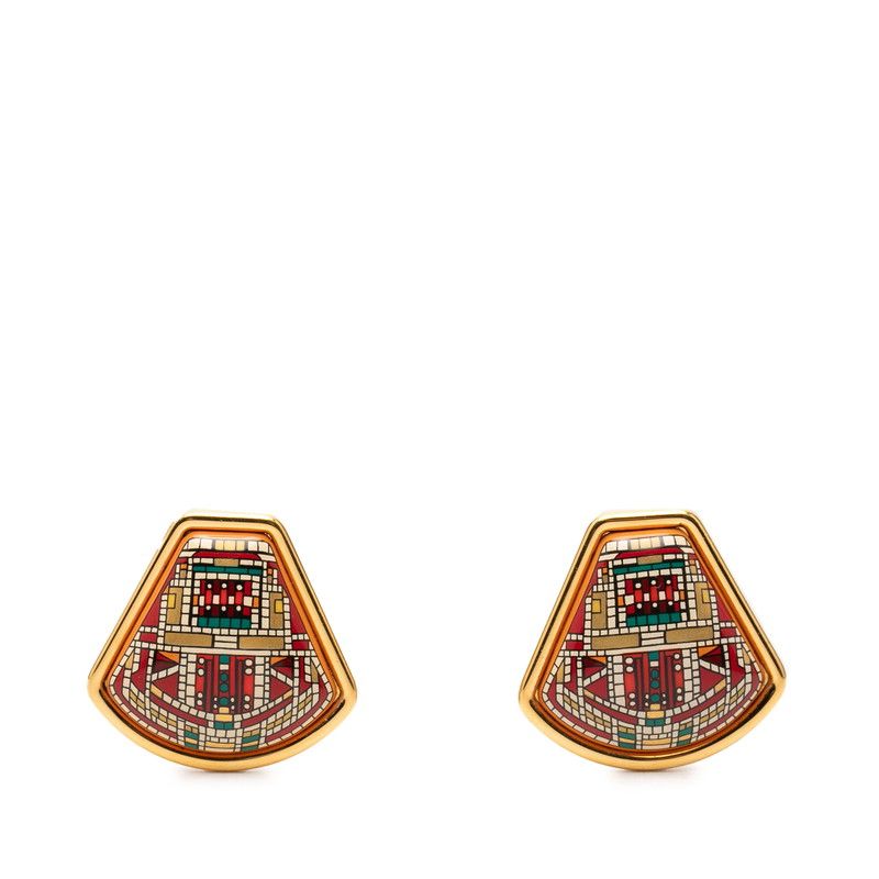 Hermes Enamel Cloisonne Earrings Gold Multi Color Plated