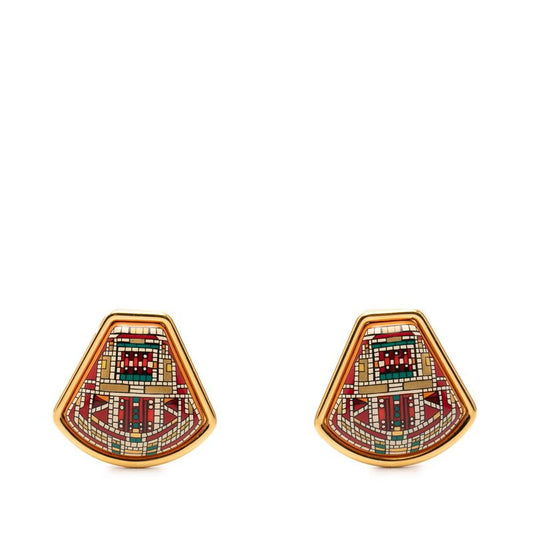 Hermes Enamel Cloisonne Earrings Gold Multi Color Plated
