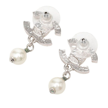 Chanel CC Logo Studded Swing Earrings 05 Silver Metal Faux Pearl — view 2