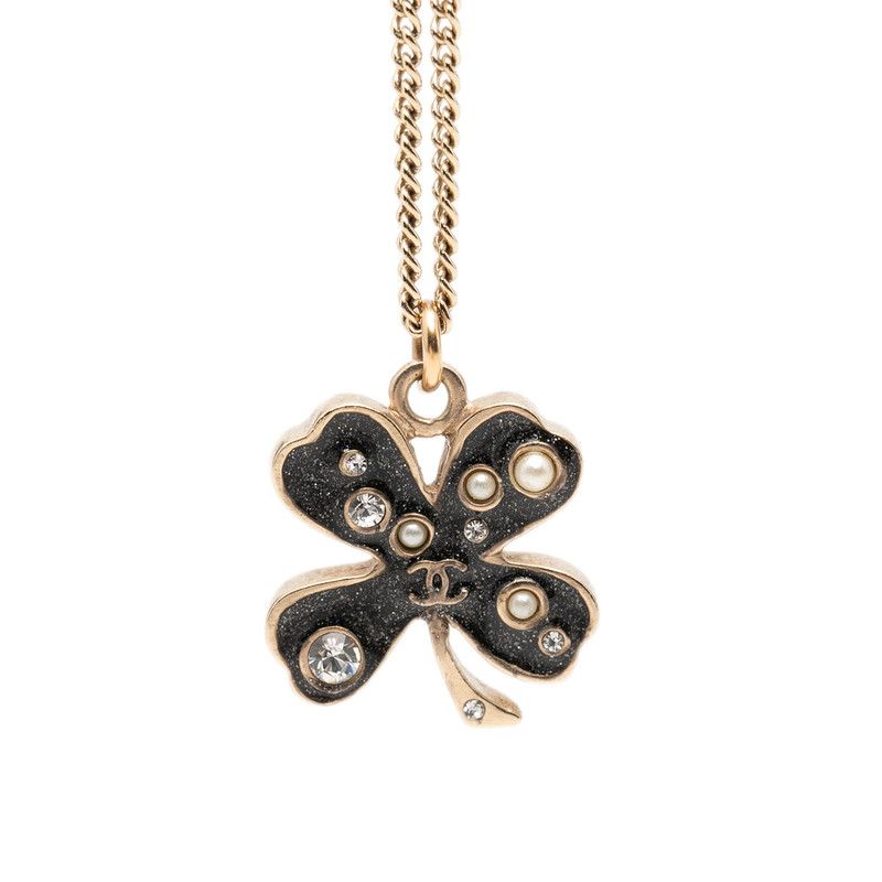 Chanel Clover Motif Chain Pendant 07 Black Gold Plated Rhinestone Faux
