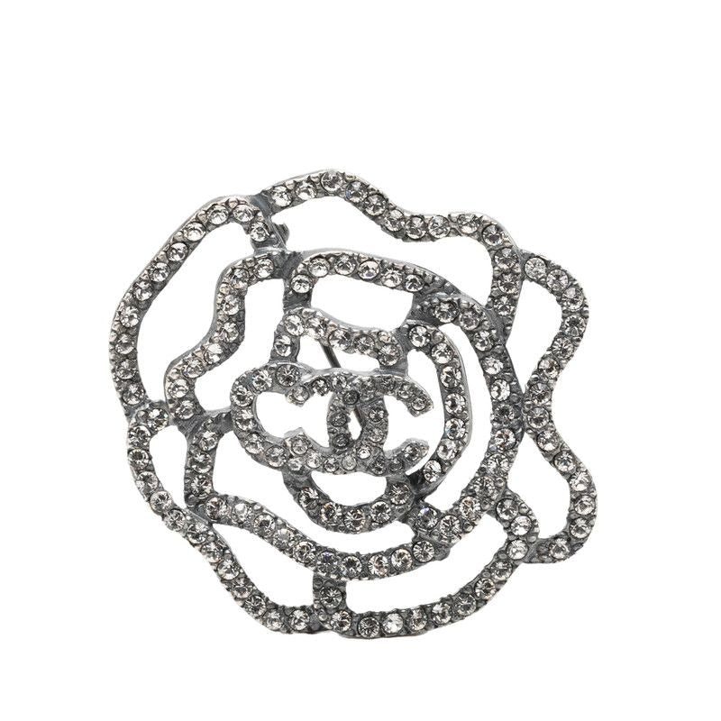 Chanel CC Logo Camellia Motif Brooch Silver Metal Rhinestone