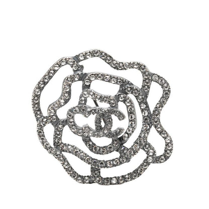 Chanel CC Logo Camellia Motif Brooch Silver Metal Rhinestone