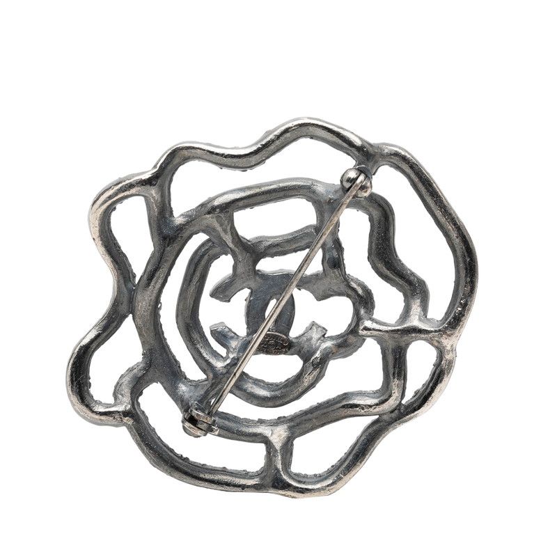 Chanel CC Logo Camellia Motif Brooch Silver Metal Rhinestone — view 2