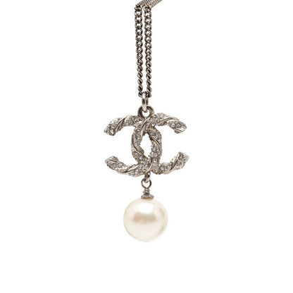 Chanel CC Logo Chain Pendant Silver Metal Faux Pearl Rhinestone