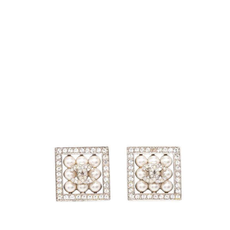 Chanel CC Logo Square Stud Earrings Silver Metal Rhinestone Faux Pearl