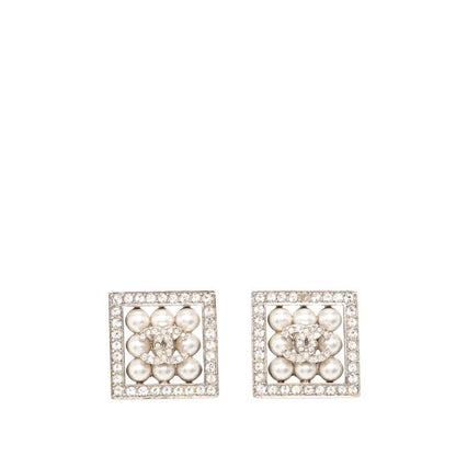 Chanel CC Logo Square Stud Earrings Silver Metal Rhinestone Faux Pearl