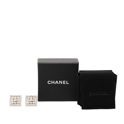 Chanel CC Logo Square Stud Earrings Silver Metal Rhinestone Faux Pearl — view 4