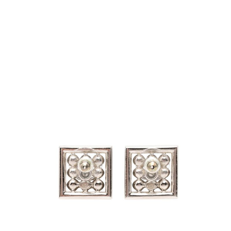 Chanel CC Logo Square Stud Earrings Silver Metal Rhinestone Faux Pearl — view 2