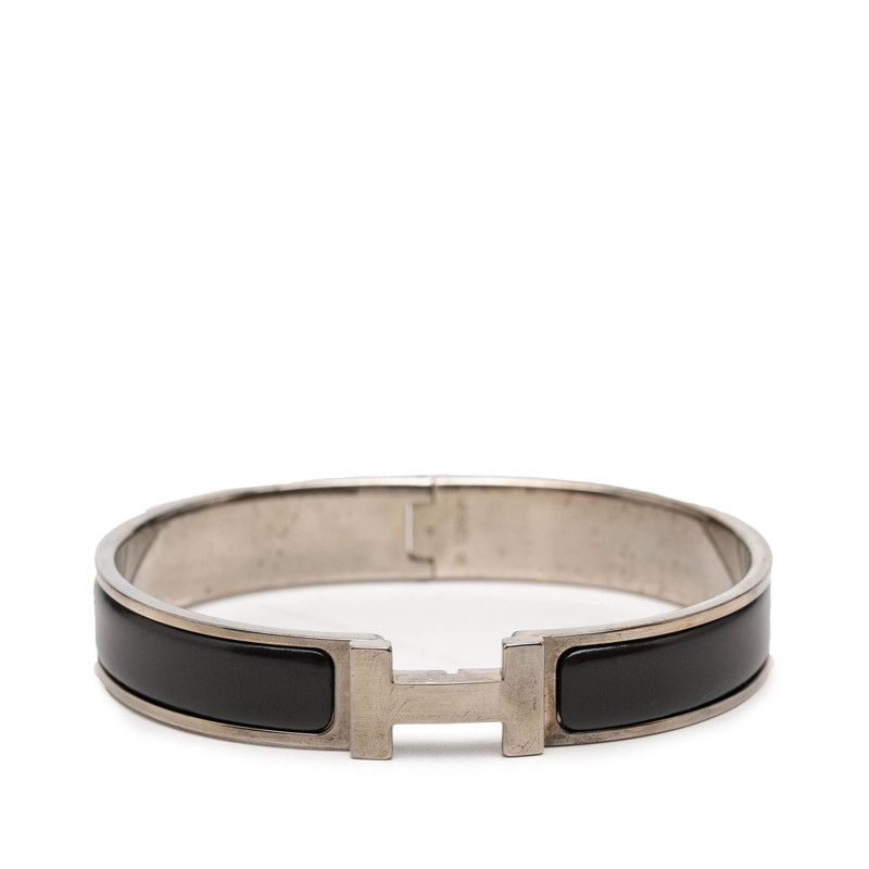 Hermes Click TGM Logo Enamel Bracelet Bangle Black Silver Metal