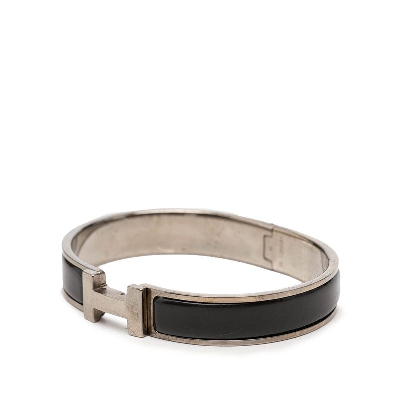 Hermes Click TGM Logo Enamel Bracelet Bangle Black Silver Metal — view 2