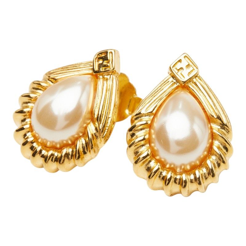 Fendi Vintage Drop Stud Earrings Gold Plated Faux Pearl
