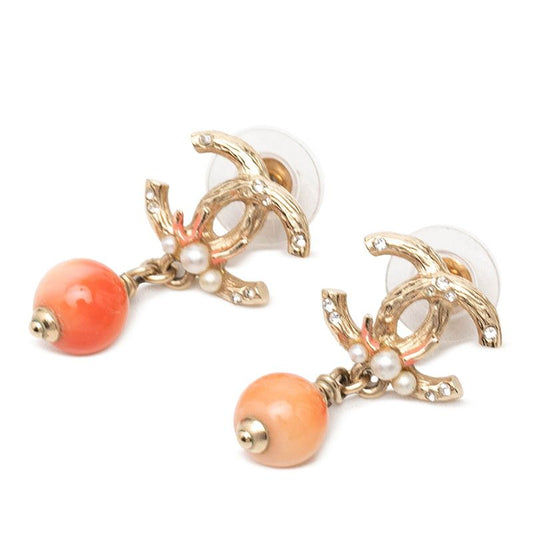 Chanel CC Logo Stud Swing Earrings 12 Gold Orange Plated Rhinestone Faux Pearl