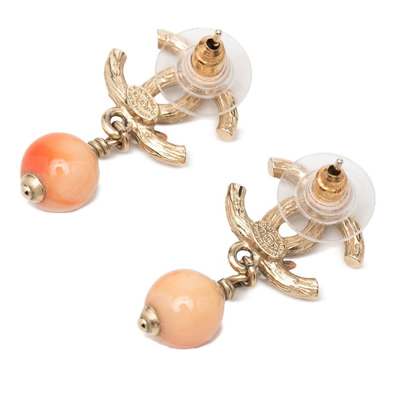 Chanel CC Logo Stud Swing Earrings 12 Gold Orange Plated Rhinestone Faux Pearl — view 2
