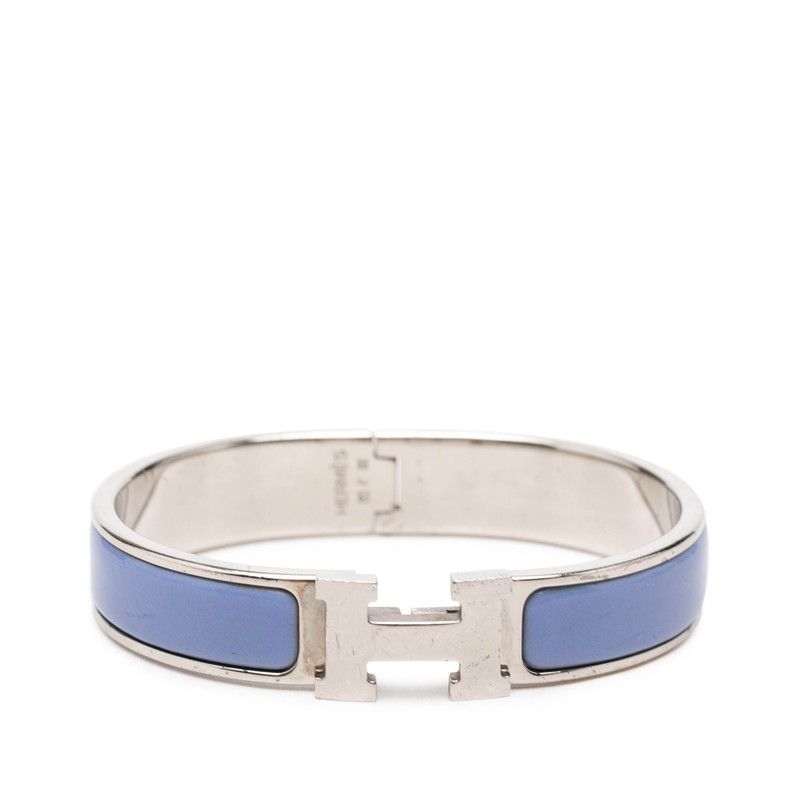 Hermes Click PM Logo Enamel Bracelet Bangle Blue Silver Metal