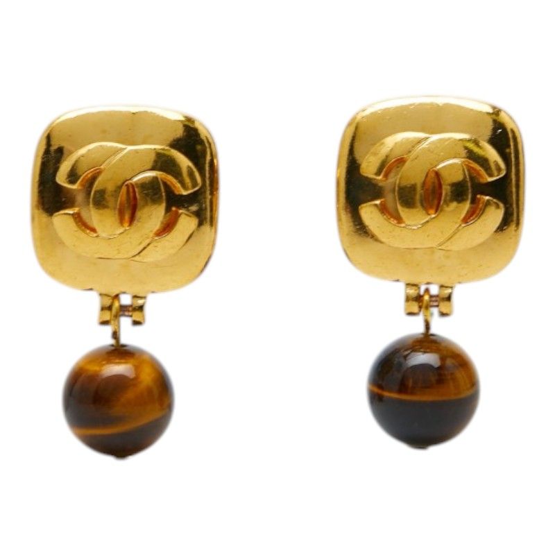 Chanel Vintage CC Logo Earrings Gold Brown Plated Tiger — view 2