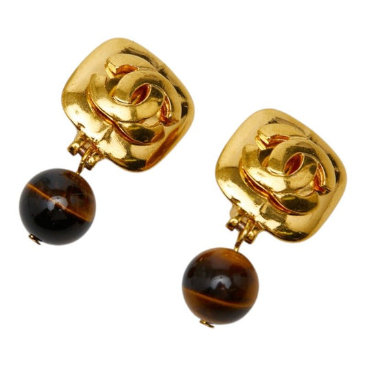 Chanel Vintage CC Logo Earrings Gold Brown Plated Tiger