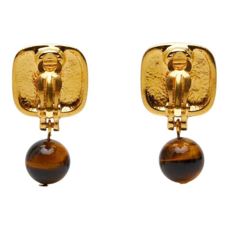Chanel Vintage CC Logo Earrings Gold Brown Plated Tiger — view 3