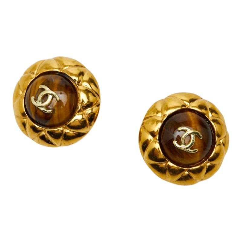Chanel CC Logo Earrings Gold Brown Plated Color Stone