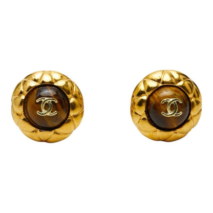 Chanel CC Logo Earrings Gold Brown Plated Color Stone — view 2