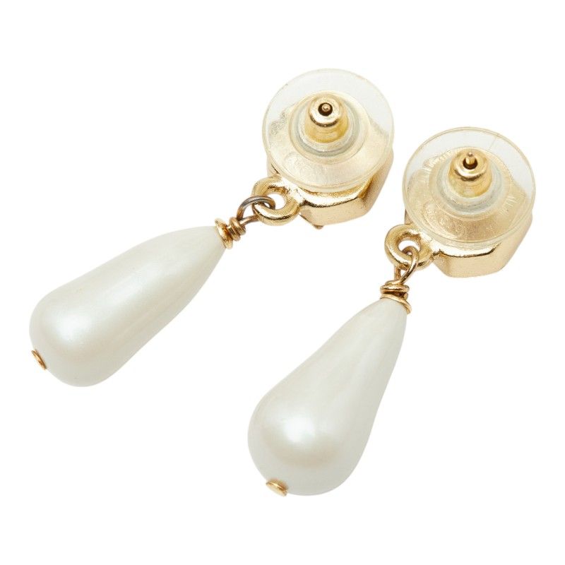 Chanel CC Logo Stud Earrings Swing Gold Plated Faux Pearl Color Stone — view 2