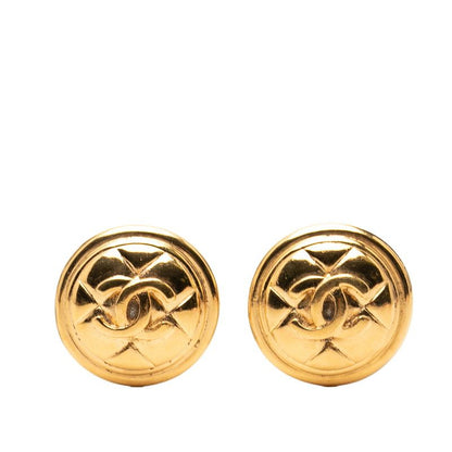 Chanel CC Logo Quilted Round Earrings Gold Plated
