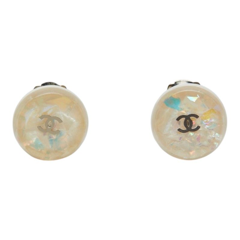 Chanel CC Logo Round Earrings Silver White Metal Resin — view 2