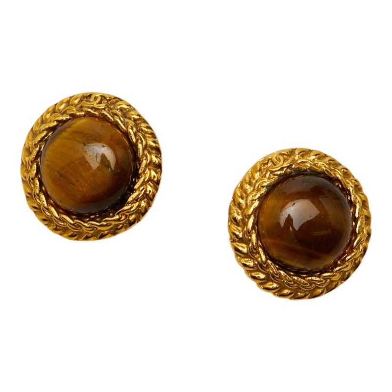 Chanel CC Logo Round Earrings Gold Brown Plated Tiger